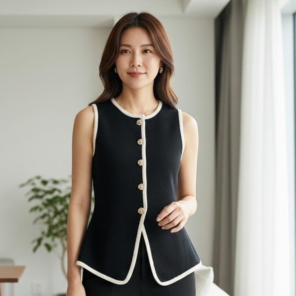 Old Money Contrast Trim Sweater Vest Black Wihte Gold Button XS Preppy Quiet Lux